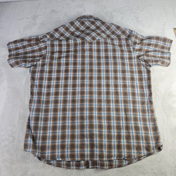 Wrangler Pearl Snap Button Up Short Sleeve Western Plaid Shirt Brown Blue - Picture 2 of 7